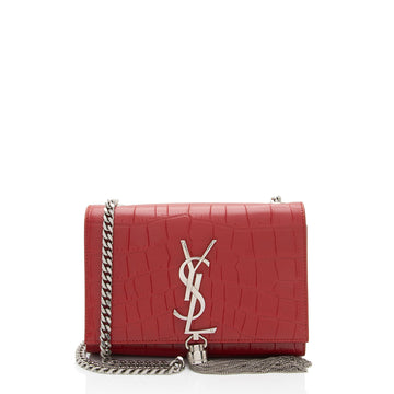 Saint Laurent Croc Embossed Leather Monogram Kate Tassel Mini Shoulder Bag (SHF-ULEaZy)