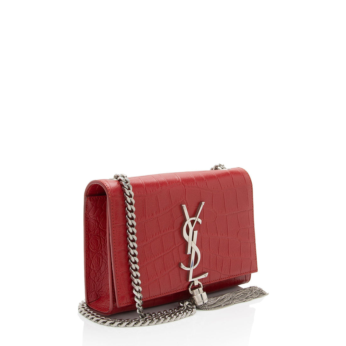 Saint Laurent Croc Embossed Leather Monogram Kate Tassel Mini Shoulder Bag (SHF-ULEaZy)