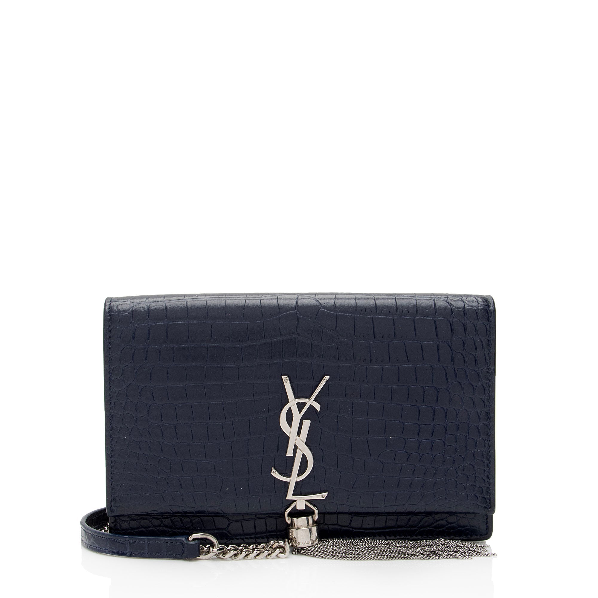 Saint Laurent Croc Embossed Leather Monogram Kate Tassel Small Shoulder Bag (SHF-lTeWCR)