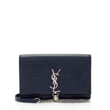 Saint Laurent Croc Embossed Leather Monogram Kate Tassel Small Shoulder Bag (SHF-lTeWCR)