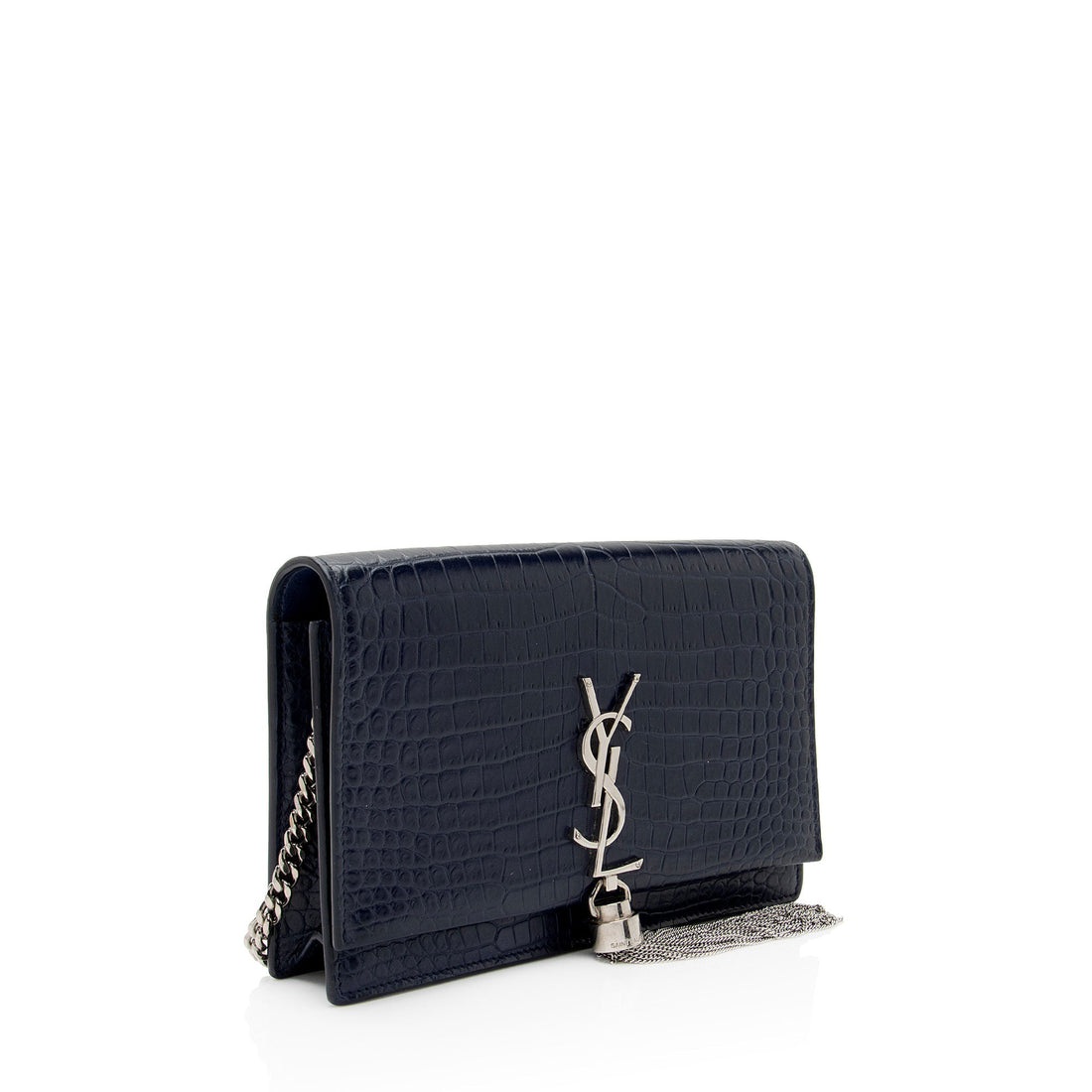 Saint Laurent Croc Embossed Leather Monogram Kate Tassel Small Shoulder Bag (SHF-lTeWCR)
