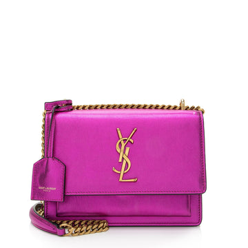 Saint Laurent Metallic Calfskin Monogram Sunset Small Shoulder Bag (SHF-UXPbK2)