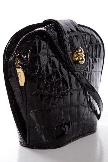 Stuart Weitzman Black Croco Embossed Patent Shoulder Bag