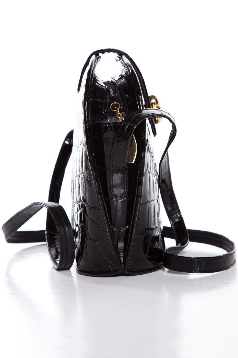 Stuart Weitzman Black Croco Embossed Patent Shoulder Bag