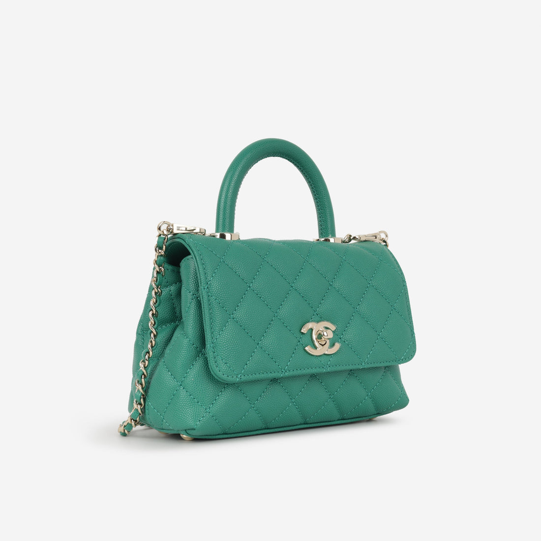 Chanel Small Coco Handle Green Caviar Champagne Gold Hardware