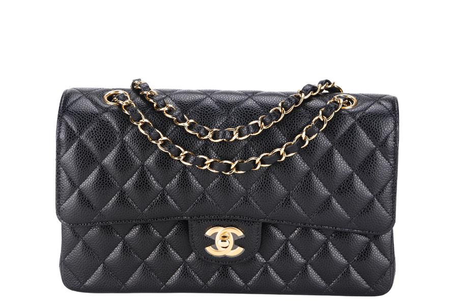 CHANEL CLASSIC FLAP (A047xxxx) MEDIUM BLACK CAVIAR GOLD HARDWARE, WITH DUST COVER & BOX