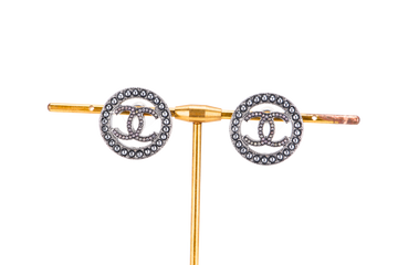 CHANEL 2.3CM GREY COATED CC EARRINGS, WITH BOX