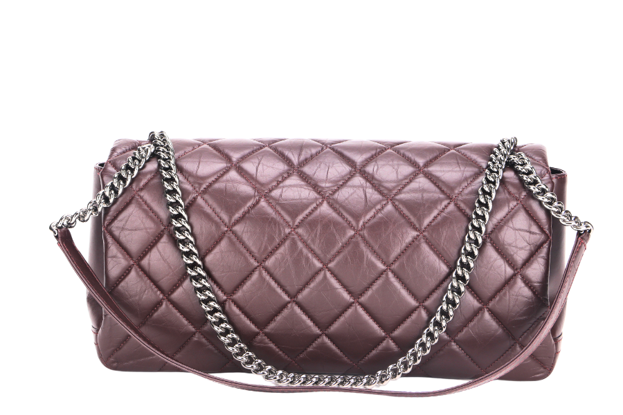 CHANEL LADY PEARLY FLAP (1690xxxx) BURGUNDY DISTRESSED LEATHER SILVER HARDWARE WITH , DUST COVER & BOX