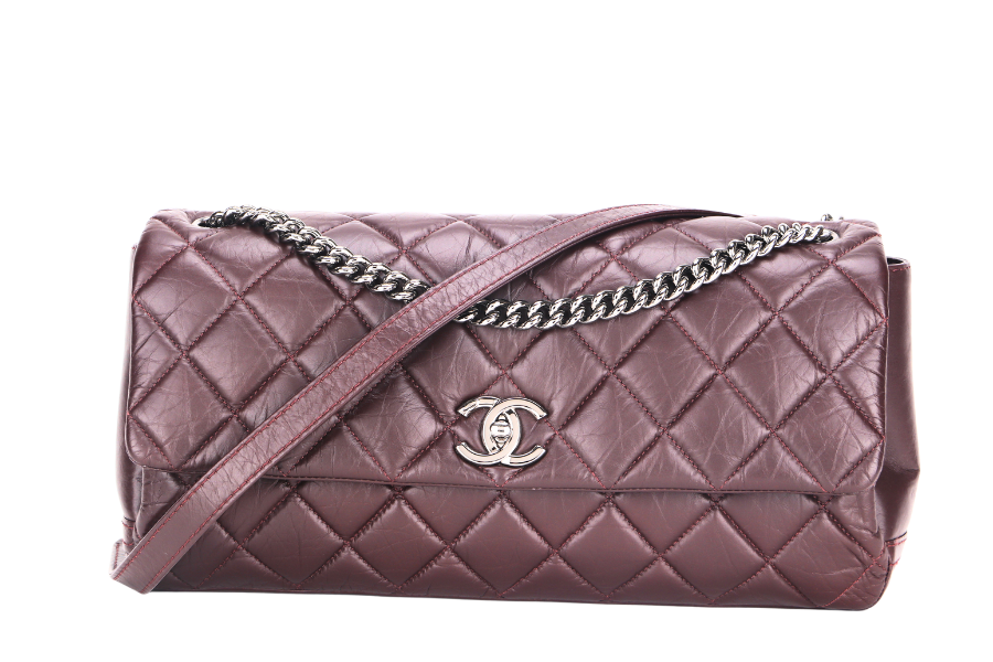CHANEL LADY PEARLY FLAP (1690xxxx) BURGUNDY DISTRESSED LEATHER SILVER HARDWARE WITH , DUST COVER & BOX