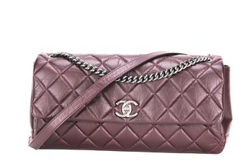 CHANEL LADY PEARLY FLAP (1690xxxx) BURGUNDY DISTRESSED LEATHER SILVER HARDWARE WITH , DUST COVER & BOX