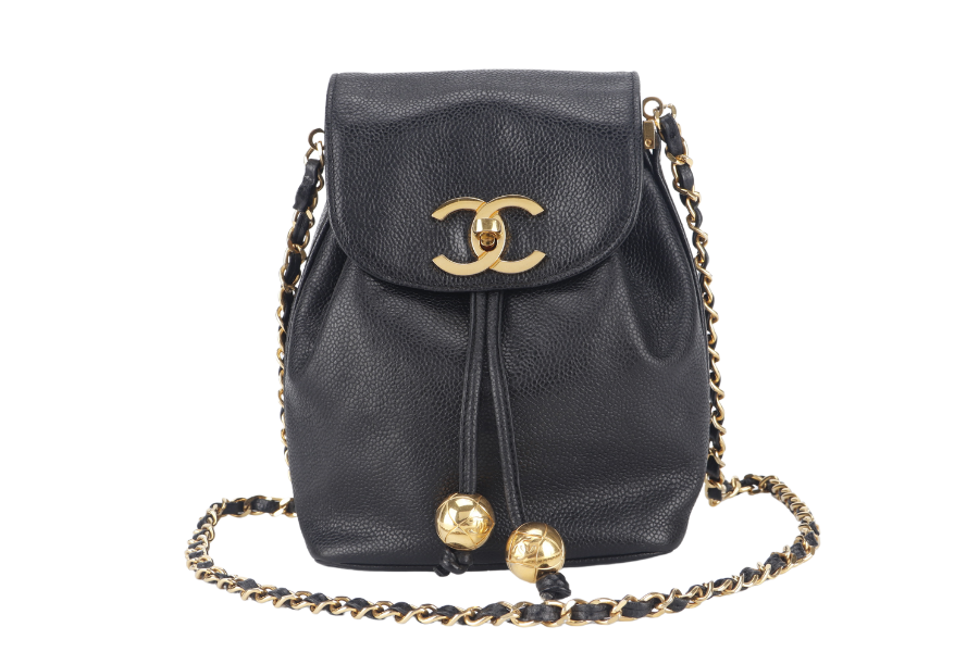 CHANEL VINTAGE BLACK CAVIAR MINI SLING BUCKET BAG WITH FLAP GOLD HARDWARE NO , NO DUST COVER