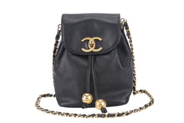 CHANEL VINTAGE BLACK CAVIAR MINI SLING BUCKET BAG WITH FLAP GOLD HARDWARE NO , NO DUST COVER