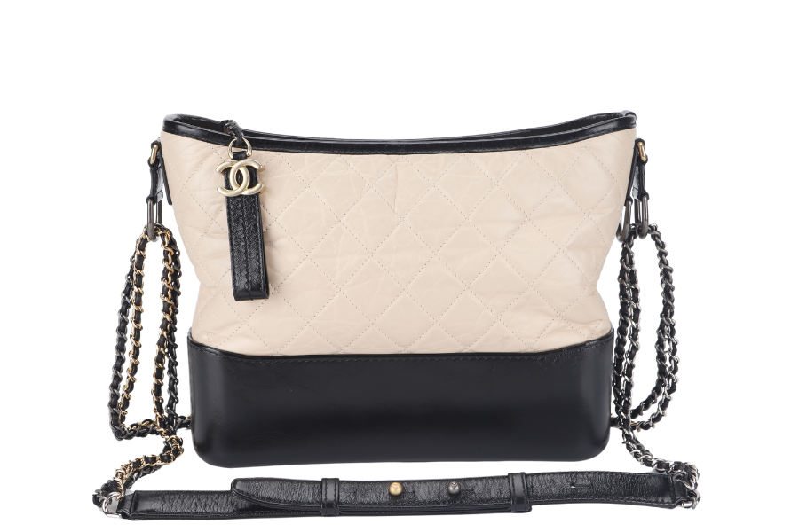 CHANEL GABRIELLE MEDIUM (254xxxx) BEIGE BLACK AGED CALFSKIN GOLD TONE/SILVER TONE & RUTHENIUM HARDWARE WITH DUST COVER