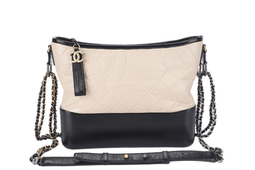 CHANEL GABRIELLE MEDIUM (254xxxx) BEIGE BLACK AGED CALFSKIN GOLD TONE/SILVER TONE & RUTHENIUM HARDWARE WITH DUST COVER
