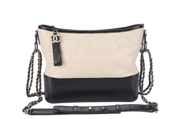 CHANEL GABRIELLE HOBO MEDIUM (2403xxxx) BEIGE-BLACK AGED CALFSKIN WITH GOLD TONE/SILVER TONE & RUTHENIUM HARDWARE WITH DUST COVER AND BOX