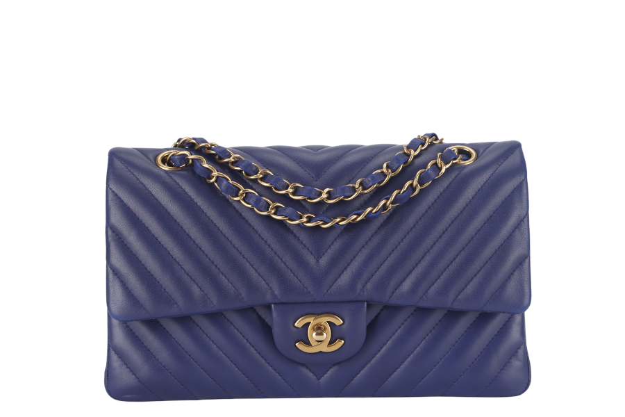 CHANEL CLASSIC FLAP CHEVRON (2117xxxx) DARK BLUE LAMBSKIN GOLD HARDWARE MEDIUM SIZE WITH  AND DUST COVER