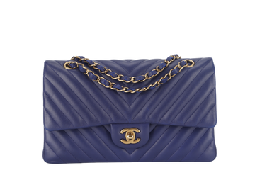 CHANEL CLASSIC FLAP CHEVRON (2117xxxx) DARK BLUE LAMBSKIN GOLD HARDWARE MEDIUM SIZE WITH  AND DUST COVER