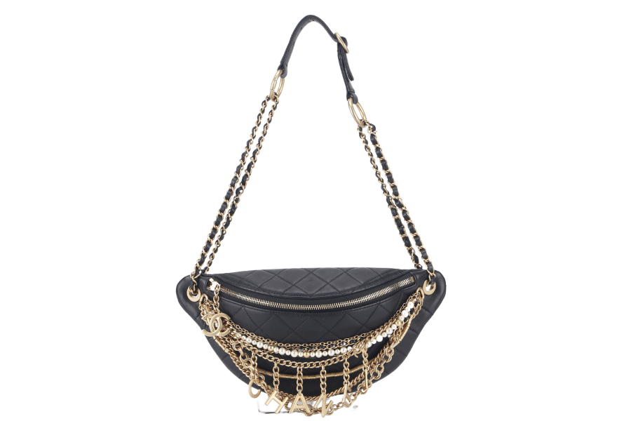 CHANEL 19A ALL ABOUT CHAINS (2830xxxx) BLACK LEATHER BUMBAG WITH  AND DUST COVER