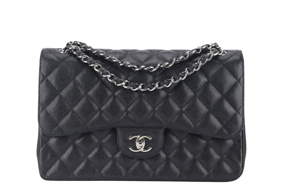 CHANEL CLASSIC FLAP JUMBO (1524xxxx) BLACK CAVIAR SILVER HARDWARE WITH  AND DUST COVER