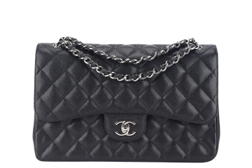 CHANEL CLASSIC FLAP JUMBO (1524xxxx) BLACK CAVIAR SILVER HARDWARE WITH  AND DUST COVER