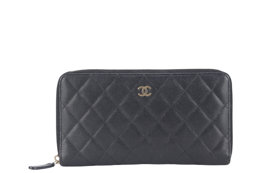 CHANEL ZIP AROUND WALLET (2450xxxx) BLACK CAVIAR LEATHER GOLD HARDWARE WITH  AND BOX