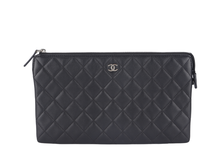 CHANEL BLACK LAMBSKIN QUILTED CLUTCH (2638xxxx) SILVER HARDWARE WITH DUST COVER AND BOX