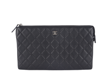 CHANEL BLACK LAMBSKIN QUILTED CLUTCH (2638xxxx) SILVER HARDWARE WITH DUST COVER AND BOX