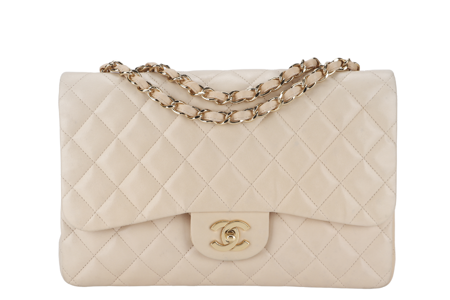 CHANEL CLASSIC SINGLE FLAP (1309xxxx) JUMBO BEIGE LAMBSKIN GOLD HARDWARE WITH
