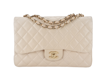 CHANEL CLASSIC SINGLE FLAP (1309xxxx) JUMBO BEIGE LAMBSKIN GOLD HARDWARE WITH