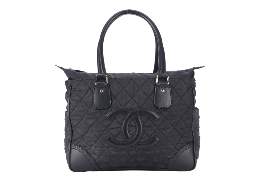 CHANEL PARIS NEW YORK TOTE BAG (1082xxxx) BLACK NYLON SILVER HARDWARE WITH