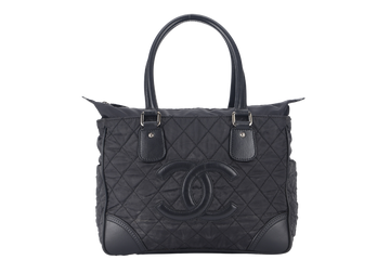 CHANEL PARIS NEW YORK TOTE BAG (1082xxxx) BLACK NYLON SILVER HARDWARE WITH