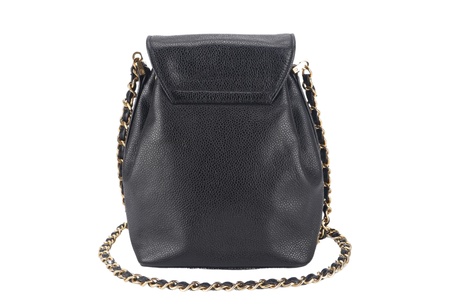 CHANEL VINTAGE BLACK CAVIAR MINI SLING BUCKET BAG WITH FLAP GOLD HARDWARE NO , NO DUST COVER