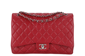 CHANEL CLASSIC FLAP MAXI (1442xxxx) RED CAVIAR LEATHER SILVER HARDWARE WITH