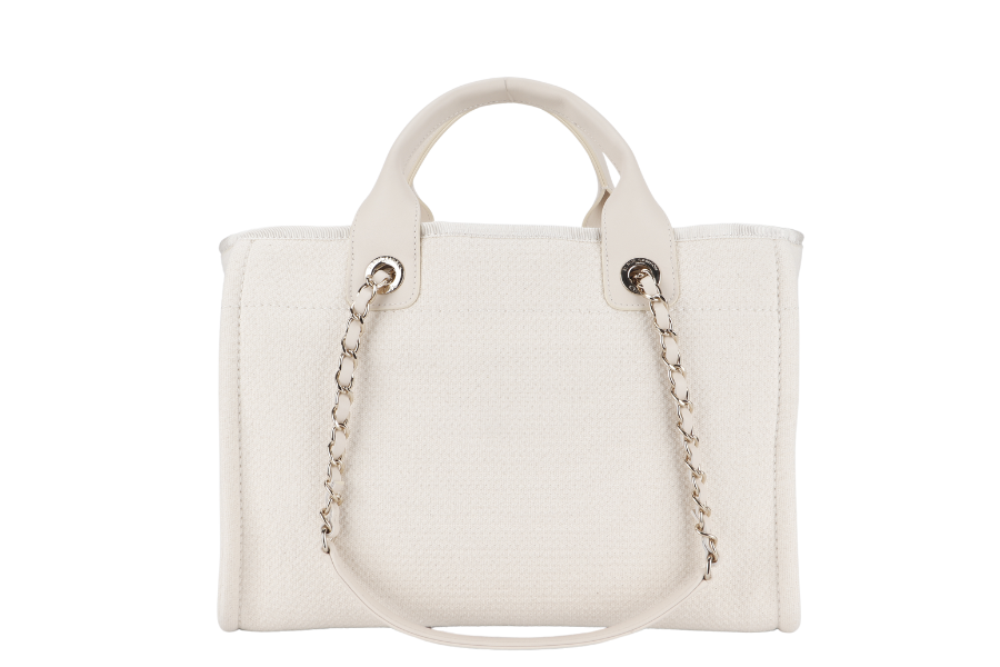 CHANEL DEAUVILLE SMALL BEIGE & WHITE CANVAS (K17Lxxxx) GOLD HARDWARE WITH DUST COVER AND BOX