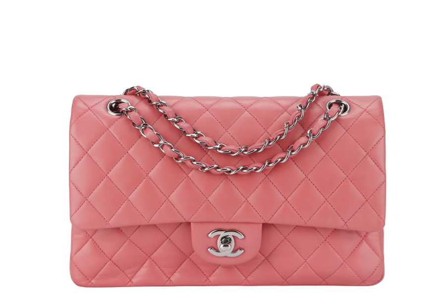 CHANEL FLAP MEDIUM (1632xxxx) PINK LAMBSKIN LEATHER SILVER HARDWARE WITH , DUST COVER AND BOX