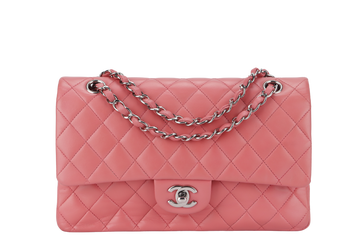 CHANEL FLAP MEDIUM (1632xxxx) PINK LAMBSKIN LEATHER SILVER HARDWARE WITH , DUST COVER AND BOX