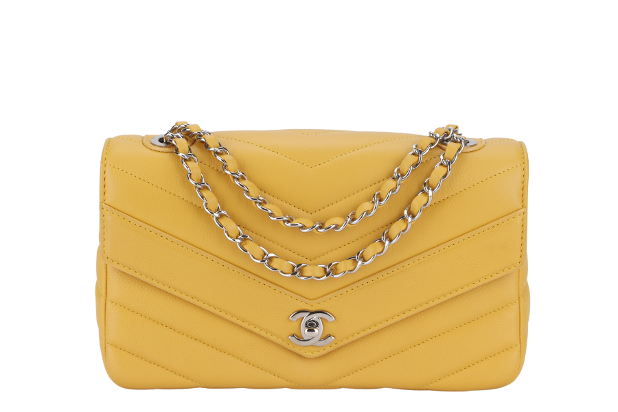 CHANEL CHEVRON FLAP (2432xxxx) MUSTARD MATTE CAVIAR SILVER HARDWARE WITH  AND BOX
