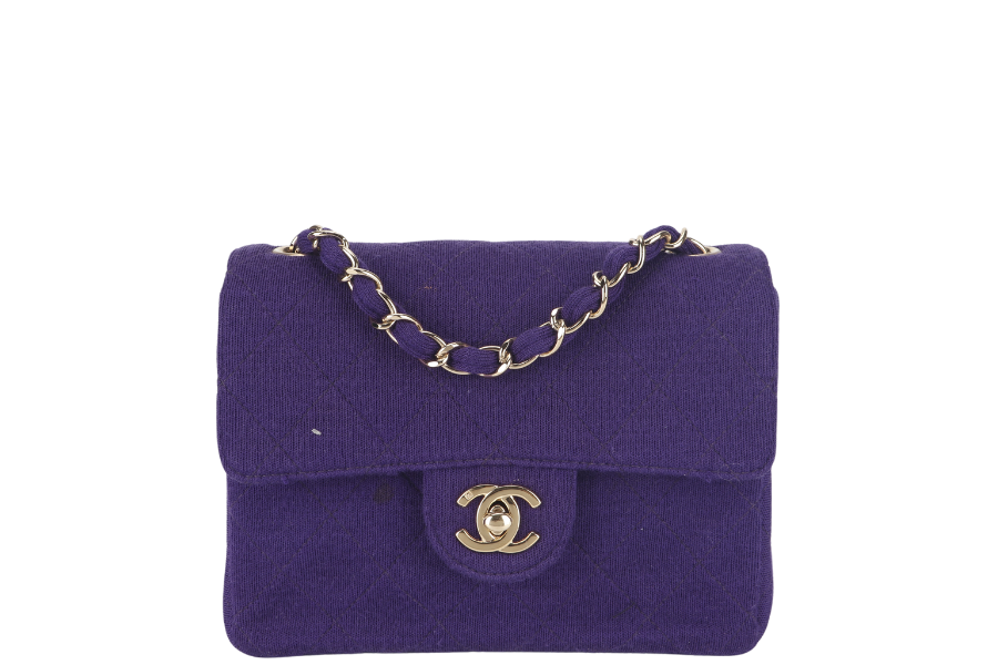 CHANEL CLASSIC FLAP MINI SQUARE (648xxxx) PURPLE JERSEY GOLD HARDWARE WITH DUST COVER AND