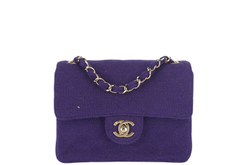 CHANEL CLASSIC FLAP MINI SQUARE (648xxxx) PURPLE JERSEY GOLD HARDWARE WITH DUST COVER AND