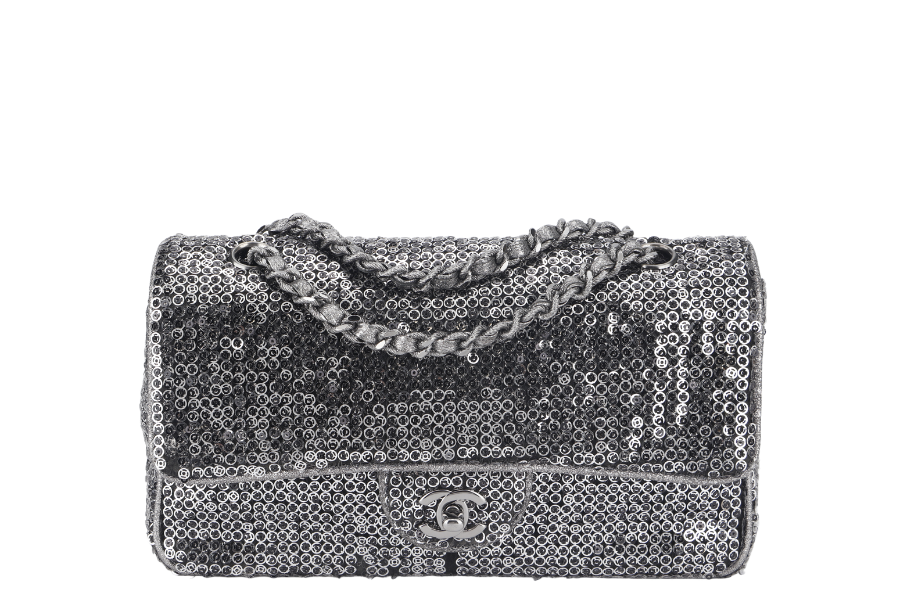 CHANEL FLAP (1164xxxx) SILVER SEQUINS SILVER HARDWARE WITH DUST COVER