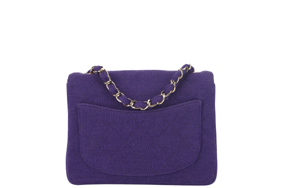 CHANEL CLASSIC FLAP MINI SQUARE (648xxxx) PURPLE JERSEY GOLD HARDWARE WITH DUST COVER AND