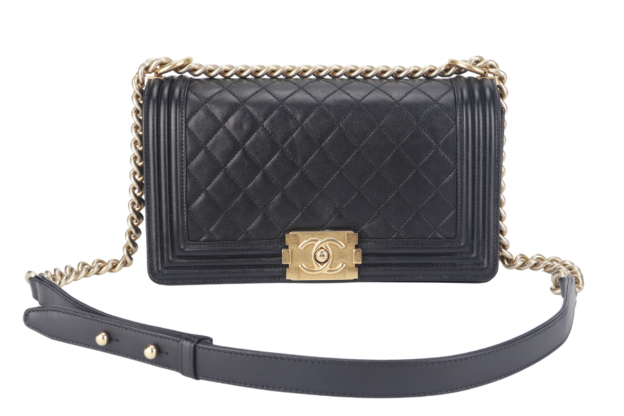 CHANEL LE BOY OLD MEDIUM (2165xxxx) BLACK LAMBSKIN GOLD HARDWARE WITH DUST COVER,  AND BOX
