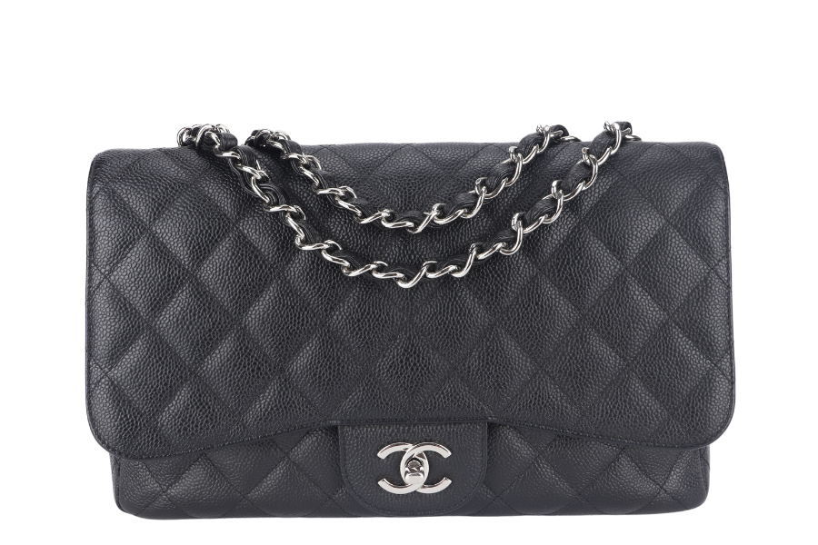 CHANEL CLASSIC FLAP JUMBO (1357xxxx) BLACK CAVIAR LEATHER SILVER HARDWARE WITH DUST COVER AND