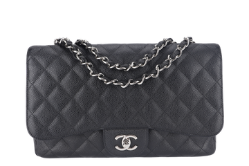 CHANEL CLASSIC FLAP JUMBO (1357xxxx) BLACK CAVIAR LEATHER SILVER HARDWARE WITH DUST COVER AND