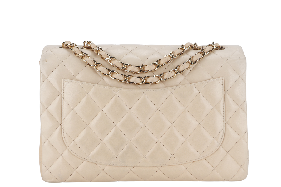 CHANEL CLASSIC SINGLE FLAP (1309xxxx) JUMBO BEIGE LAMBSKIN GOLD HARDWARE WITH