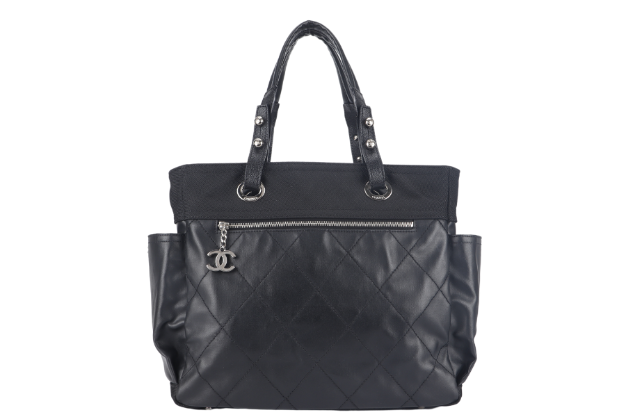 CHANEL PARIS BIARRITZ MEDIUM TOTE (1251xxxx) BLACK COATED CANVAS SILVER HARDWARE WITH , DUST COVER AND BOX