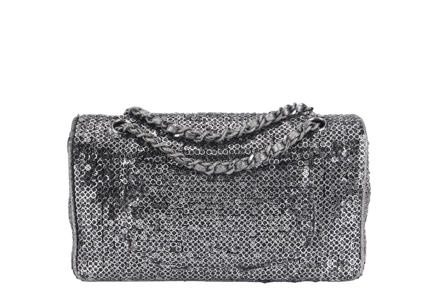 CHANEL FLAP (1164xxxx) SILVER SEQUINS SILVER HARDWARE WITH DUST COVER