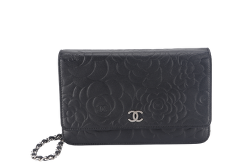 CHANEL CAMELLIA W.O.C (1609xxxx) BLACK EMBOSSED LAMBSKIN SILVER HARDWARE  WITH  AND BOX