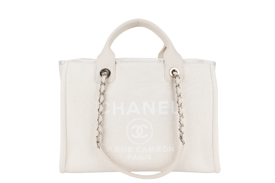 CHANEL DEAUVILLE SMALL BEIGE & WHITE CANVAS (K17Lxxxx) GOLD HARDWARE WITH DUST COVER AND BOX