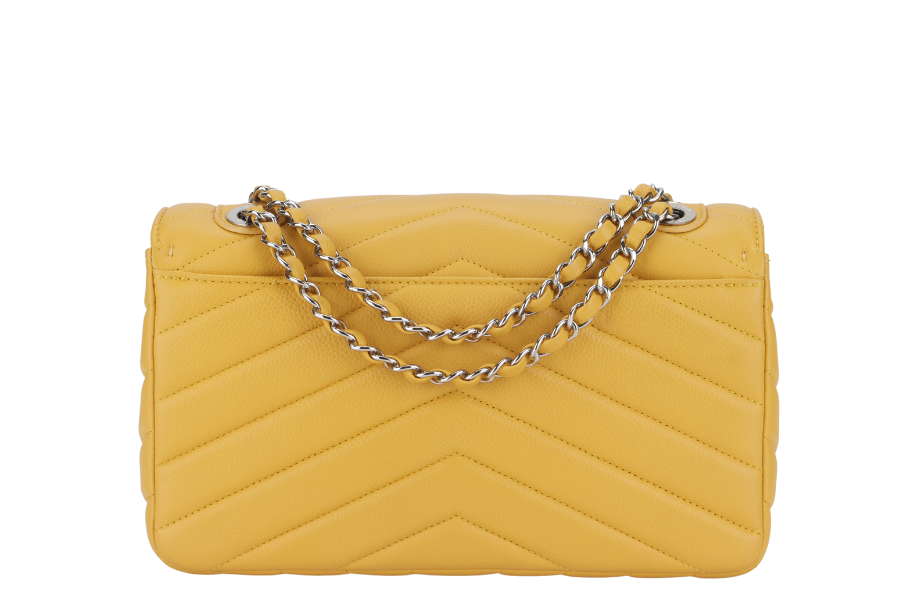 CHANEL CHEVRON FLAP (2432xxxx) MUSTARD MATTE CAVIAR SILVER HARDWARE WITH  AND BOX